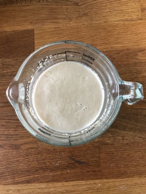 Yeast blooming on the surface of a measuring cup filled with water