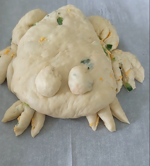 a ball of dough shaped into the body, hind legs, hind toes, front toes, and eyes of a frog