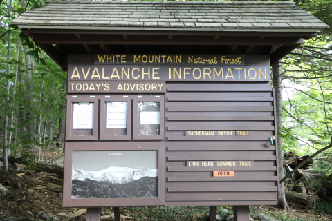 A brown National Forest sign with Avalanche Information with daily trail advisories