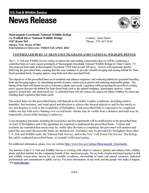 2023 Prescribed Fire Shawangunk Grasslands NWR Press Release