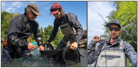 Combined photographs. On the left, intern Eric Klingberg assists biologist with tagging fish. On the right, Eric Klingberg poses with radio telemetry tracking antenna.