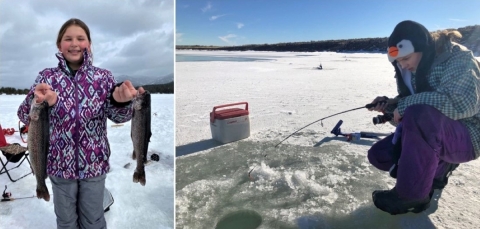 On the left, A girl wearing a colorful winter jacket smiles while standing on a frozen, snowy lake and holding a fish in each hand. Photo on the right: A young woman wearing colorful winter clothes and a penguin hat kneels down while holding a fishing rod, ice fishing through a hole in a frozen lake.