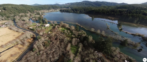 Drone picture of a tidal marsh restoration area a part of the Siletz Bay National Wildlife Refuge Drift Creek unit