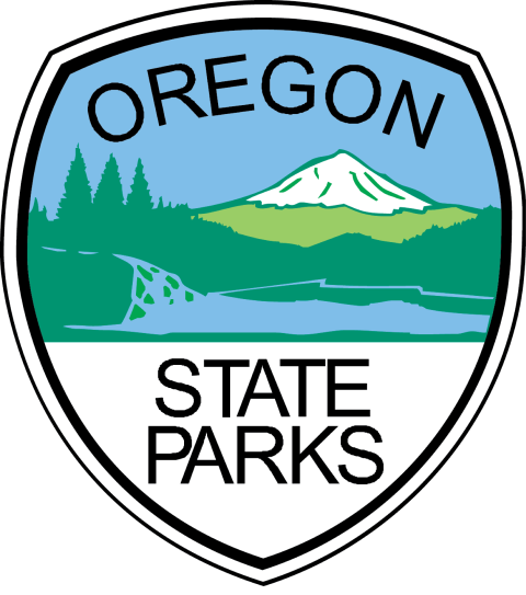 Logo for Oregon State Parks, with imagery of Mount Hood, pine trees and a waterfall leading into a body of water. 