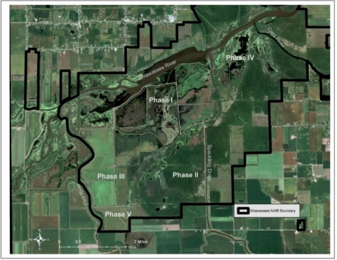 Image on top is Shiawassee National Wildlife Refuge in 2009 prior to implementation of multi-phased wetland restoration and hydrologic re-connection work.  Image on the bottom is satellite imagery from August 2021 demonstrating the conversion of agricultural lands to wetland and a reconnection floodplain. Photo Credit: Eric Dunton/USFWS  