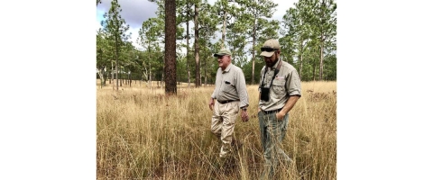 Charley Tarver and biologist Joe Burnam walk in a longleaf pine forest.