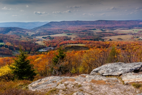 Autumn view of Canaan Valley Resort State Park hills from rock outcropping