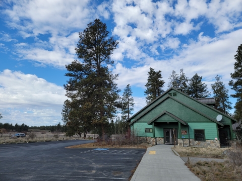 Photo of a green building on the right side of the image. A tall pine tree and cloudy sky fills the remainder of the scene.