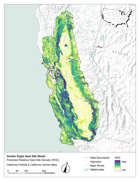 Map of modeled golden eagle relative nest site density in the California Foothills & California Central Valley