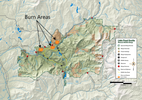 Map of Little Pend Oreille National Wildlife Refuge showing three areas in the northwest corner of the refuge identified for prescribe burns. The areas are marked by orange symbols and arrows.