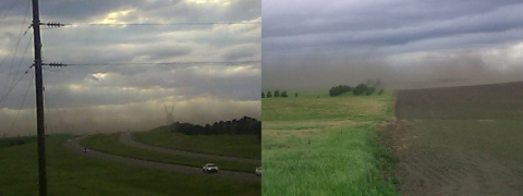 Two images side by side showing a dust storm. On the left, a highway leads over a small hill that is topped by a roughly 20ft wall of dust. On the right, the same wall of dust is seen from a field. 