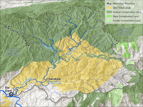 Map of the Oconaluftee River watershed upstream of Ela Dam denoting Eastern Band of Cherokee Indians land and federal, state, and private conserved land.