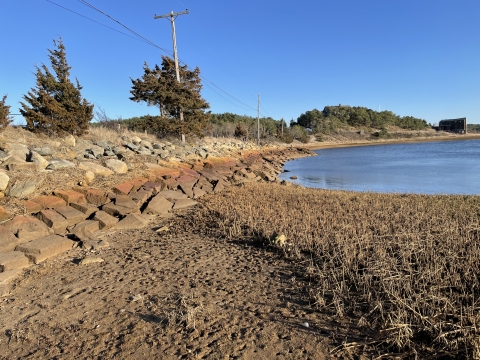 Water meets a stone dike at the edge of a marsh