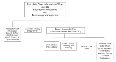 This image shows the organization of the Information Resources and Technology Management Program from the Associate Chief Information Officer, to the Deputy Chiefs, to the Chiefs of the program's divisions.