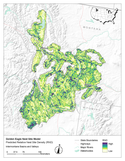 Map of modeled golden eagle relative nest site density in the Intermontane Basins and Valleys