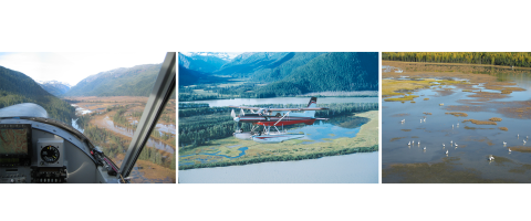 Three images. First image is a cockpit view in a plane flying in a valley. Second image is an aerial side view of N754 in the air over forest and lake landscape. Third image is an aerial view of waterfowl in a wetland area from N754's window. 