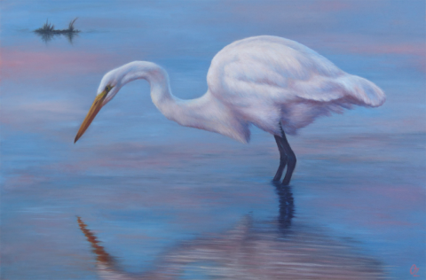 Painting of egret in water