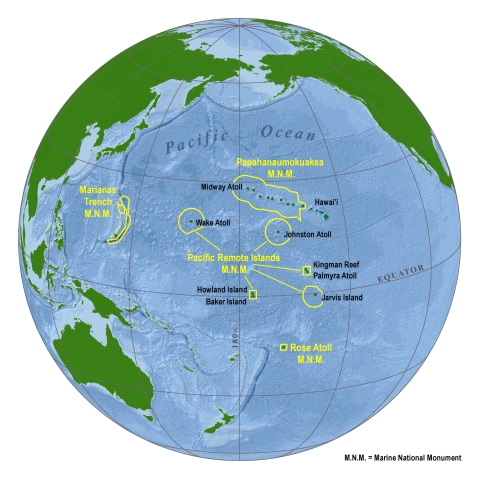 Map of Pacific Ocean highlights marine national monuments with yellow markings