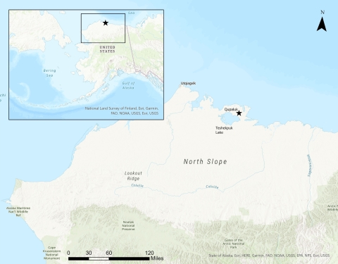 A map of the location of Qupaluk in the context of the north slope of Alaska and the state of alaska