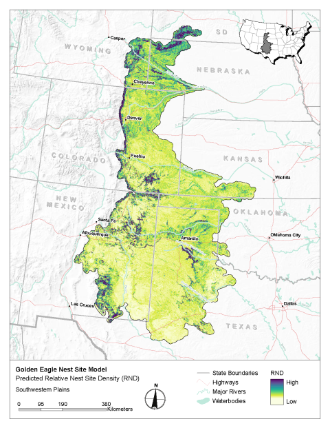 Map of modeled golden eagle relative nest site density in the Southwestern Plains