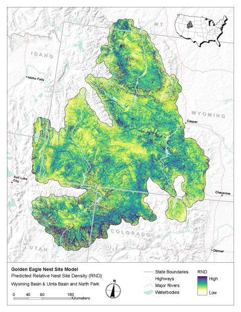 Map of modeled golden eagle relative nest site density in the Wyoming Basin & Uinta Basin and North Park.