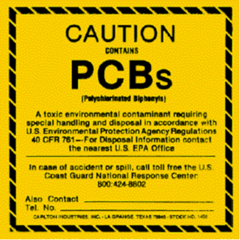 Caution - PCBs - marking label. This label is to be used when there are PCBs contained in holding vessel of any sort. It says, "Caution, contains PCBs. A toxic environmental contaminant requiring special handling and disposal in accordance with EPA regulations 40 CFR 761. For disposal information, contact the nearest US EPA office. In case of accident or spill call toll free the U.S. Coast Guard National Response Center at 800-424-8602.