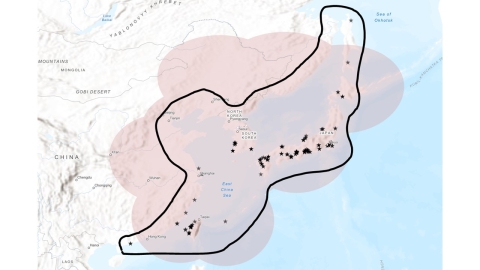 A map of east Asia with black stars placed throughout and a majority of them on Japan