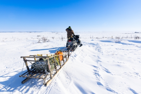 A person on a snowmachine tows a wood sled across the snowy tundra.