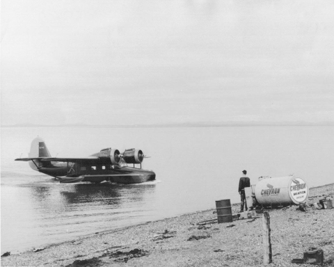 Float plane along a beach in 1950