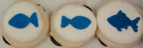 Three white cupcakes with white frosting and blue fish made from frosting.
