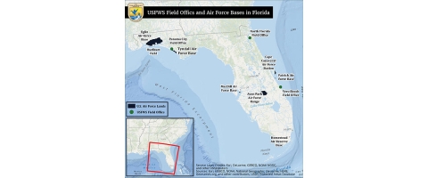 Map of Air Force Bases and USFWS offices in Florida. Scientists will be stationed at seven of these eight Air Force installations excluding Homeland ARB.