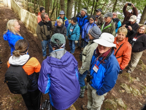 A group of 19 people stand huddled together outside in the forest. A women at the head of the clump leads the group. Many people are wearing binoculars around their neck and two people in the back are taking photos with their phones. 