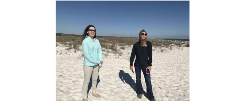 USFWS employees Catherine Phillips, project leader for Panama City field office and Melanie Kaesor stand on a beach.