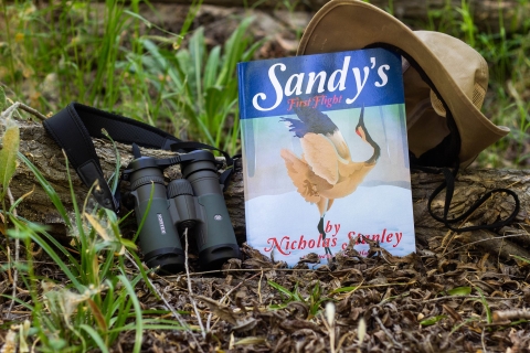 An illustrated book called Sandy's First flight, a pair of binoculars, and a brimmed hat resting against a log