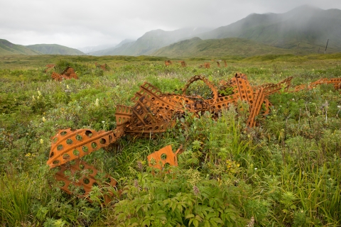Twisted rusty metal strips in the green tundra
