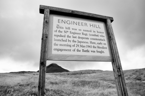 A wooden sign with text commemorating the battle on Engineer Hill mounted on a grassy hillside 