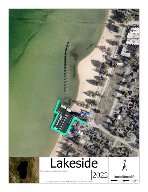 An aerial image of Lakeside Marina, with green lines indicating barriers that could be removed to increase water flow through the marina and decrease habitat for aquatic invasive species