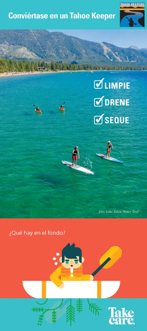 The front cover of the Tahoe Keepers’ Clean, Drain, and Dry Pamphlet, one of several outreach materials that has been translated into Spanish