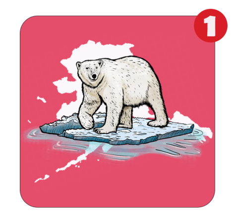 A polar bear drawing overlaid on the state of Alaska. 