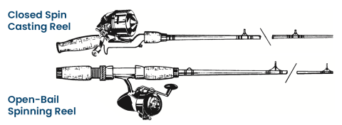An illustrations showing two common types of beginner fishing reels.