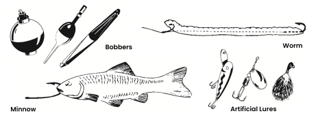 Drawn illustration of bobbers, a minnow, a worm, and three artificial lures.