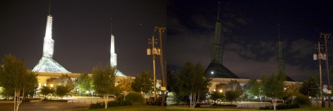 a building with the lights on (left) and the lights off (right)