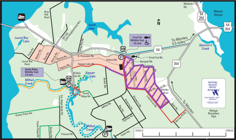 A road map with some roads and units highlighted in magenta. For accessibility, please call 252-473-1131.