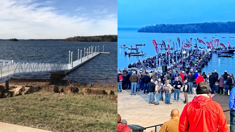 Two photos side by side. On the left is a photo of a dock stretching out into a body of water. On the right is a the same dock filled with people. 