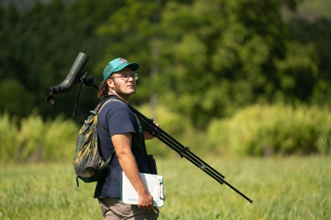 a man in a blue shirt and a hat carries a spotting scope and a clipboard in a grassy wetlands area. 