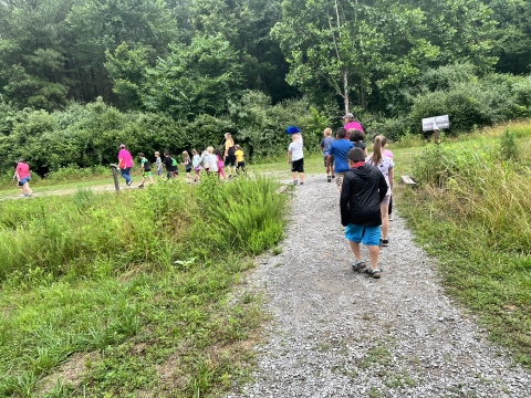 Group of kids hiking a trail