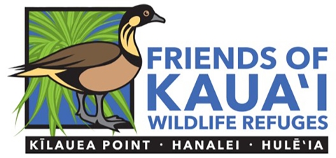 Logo of a nēnē goose with a green plant behind it. It says Friends of Kaua'i Wildlife Refuges to the right. 