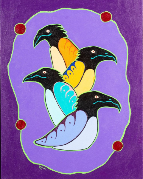 Artwork of four ravens stacked on top of one another, with colorful bodies.