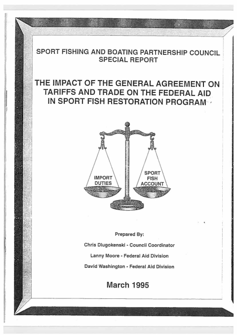 Plain white report cover featuring title text and image of scales weighing import duties and sport fish account.