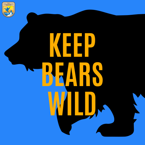 A silhouette of a grizzly bear with text in the center that says keep bears wild.